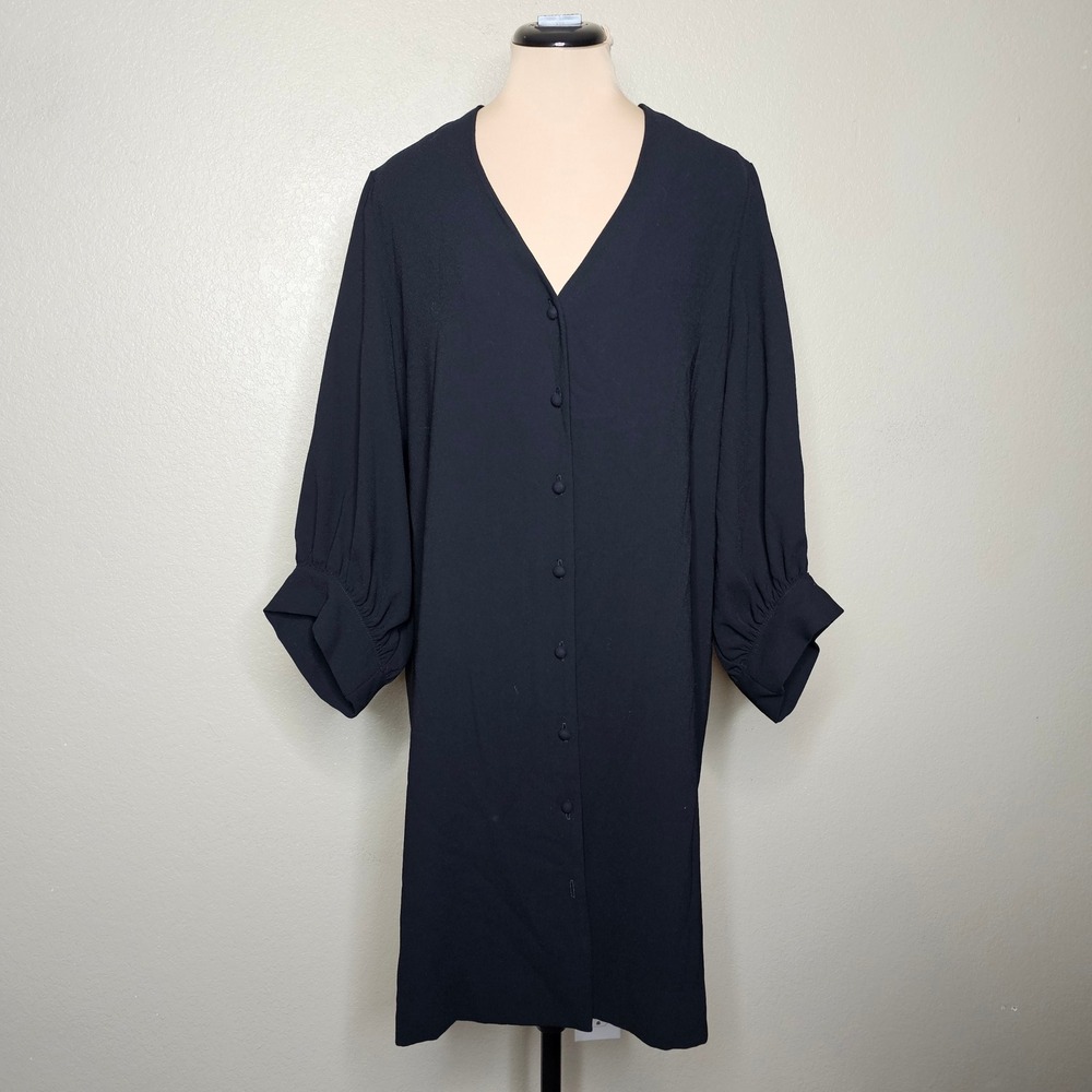 Karen Kane Black Button Front V Neck Balloon Sleeve Dress‎ Size L